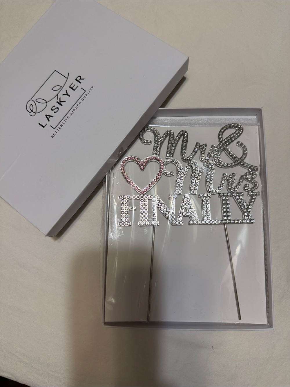 Silver 'Mr & Mrs Finally' Cake Topper with Pink Heart Accent